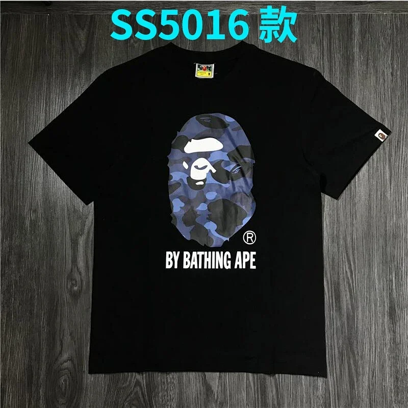 BAPE Black Blue Camo Ape Head "BY BATHING APE" Text T-Shirt