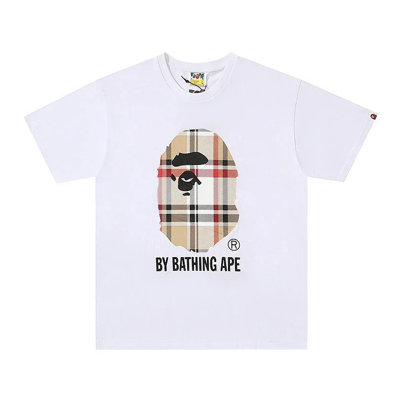 BAPE White T-Shirt: Plaid Ape Head