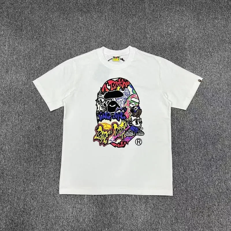 Bape White T-Shirt: Graffiti Ape Head & Cartoon Graphic