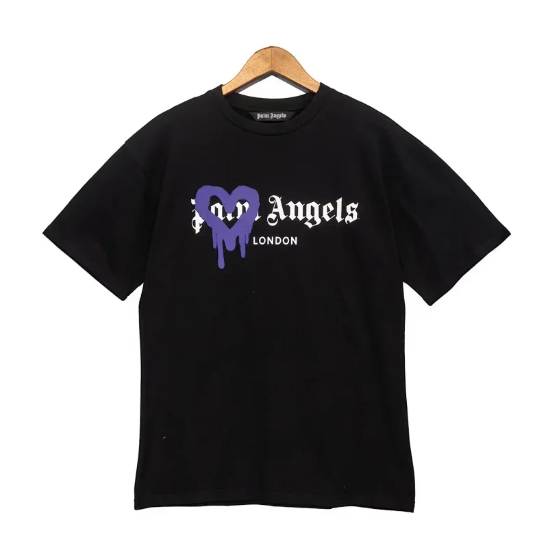 Palm Angels Black T-Shirt Purple Dripping Heart