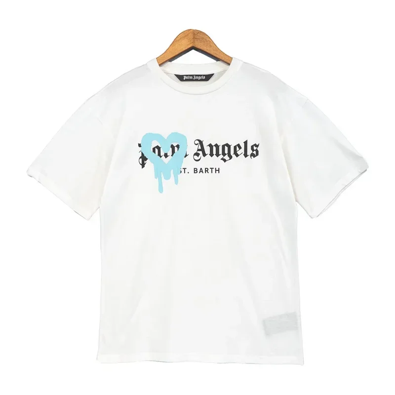 Palm Angels White Blue Dripping Heart Brand Text T-Shirt