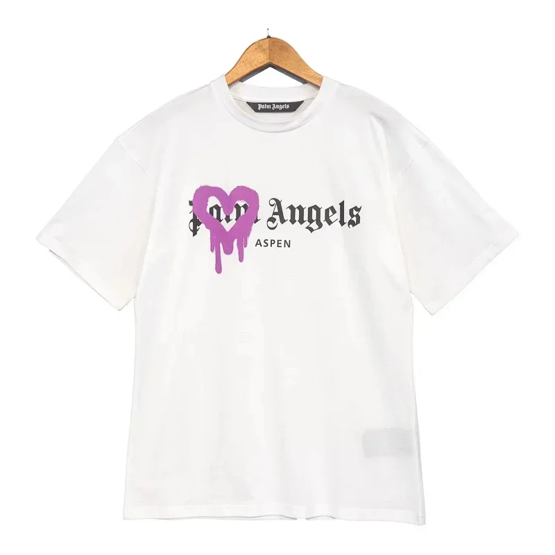 Palm Angels White Purple Dripping Heart Graphic Aspen Text T-Shirt