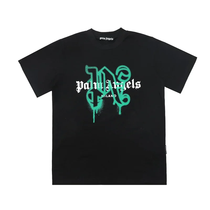 Palm Angels Black Green Graffiti Logo White Lettering T-Shirt