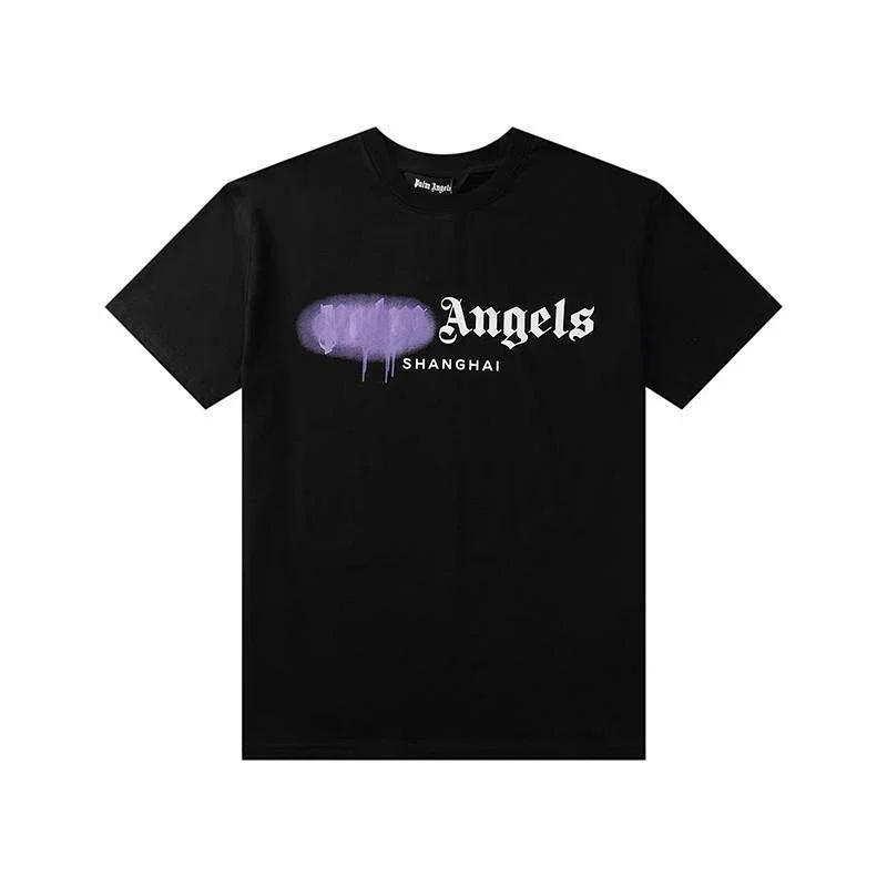 Palm Angels Black T-Shirt: Purple Graffiti "Angels SHANGHAI"