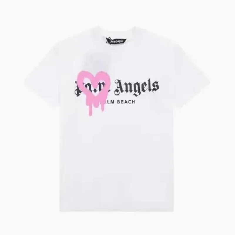 Palm Angels White T-Shirt Pink Dripping Heart