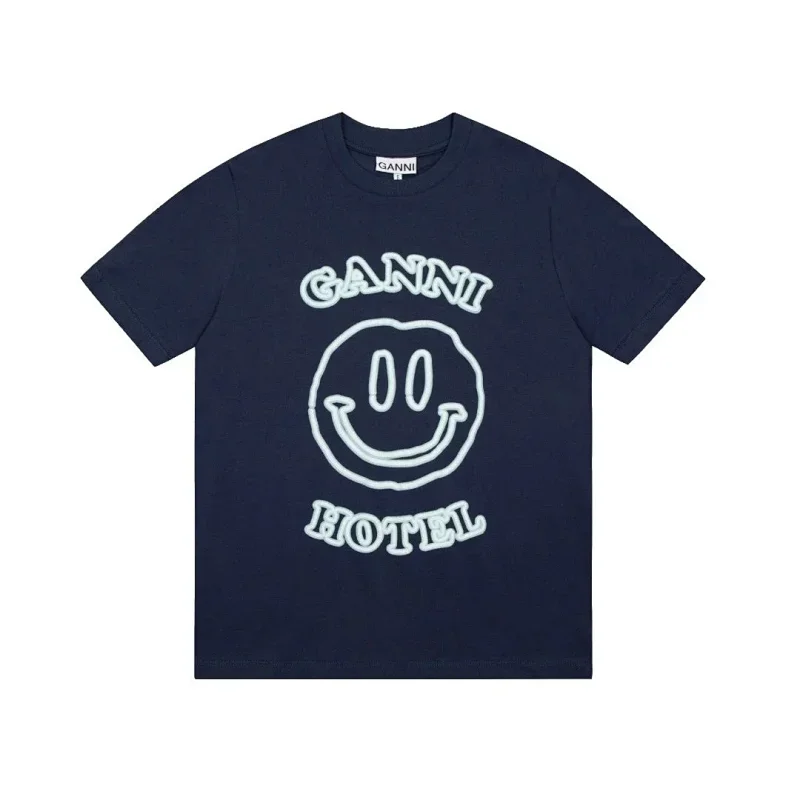 GANNI Navy T-Shirt: Smiley & "GANNI HOTEL" Graphic