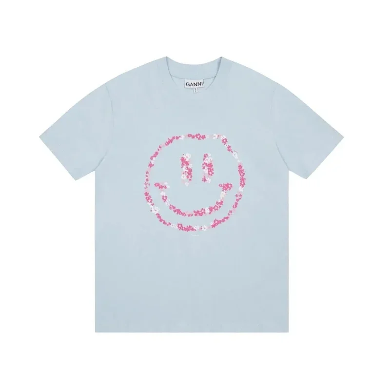 GANNI Light Blue Floral Smiley Face T-Shirt