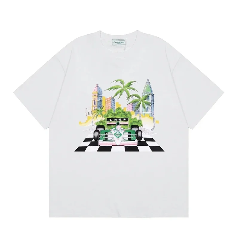 Casablanca White Racing Car Palm Trees Buildings Checkered Pattern T-Shirt