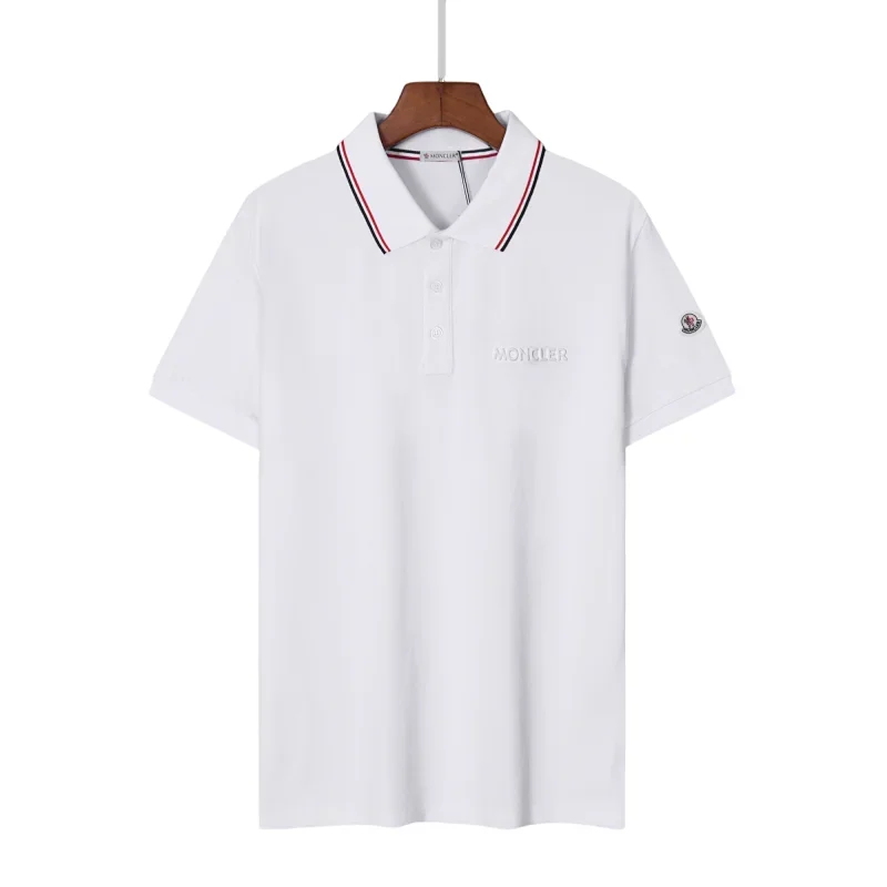 Moncler White Polo Striped Collar Embroidered Logo T-Shirt