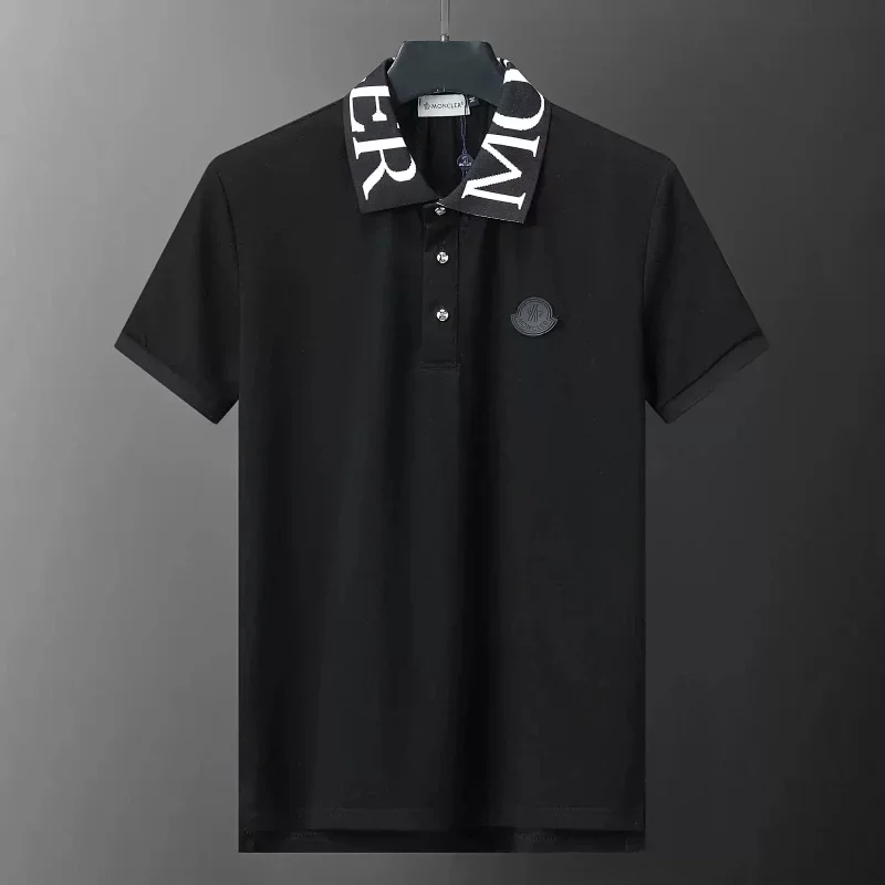 Moncler Black Short Sleeve Polo White Letter Print Collar Brand Badge T-Shirt