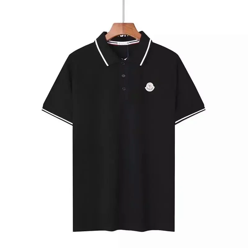 Moncler Black Polo White Striped Collar Cuffs Chest Logo Badge T-Shirt