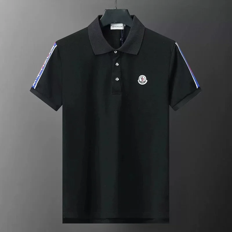 Moncler Black Polo Logo Patch Striped Sleeves T-Shirt