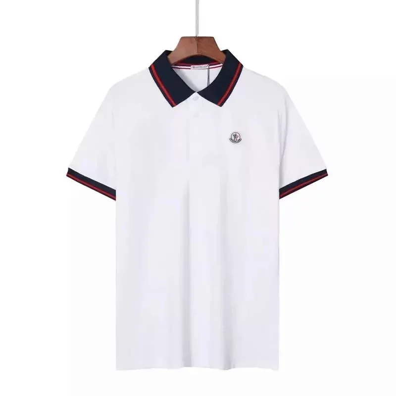 Moncler White Polo Black Red Striped Collar Cuffs Embroidered Logo T-Shirt