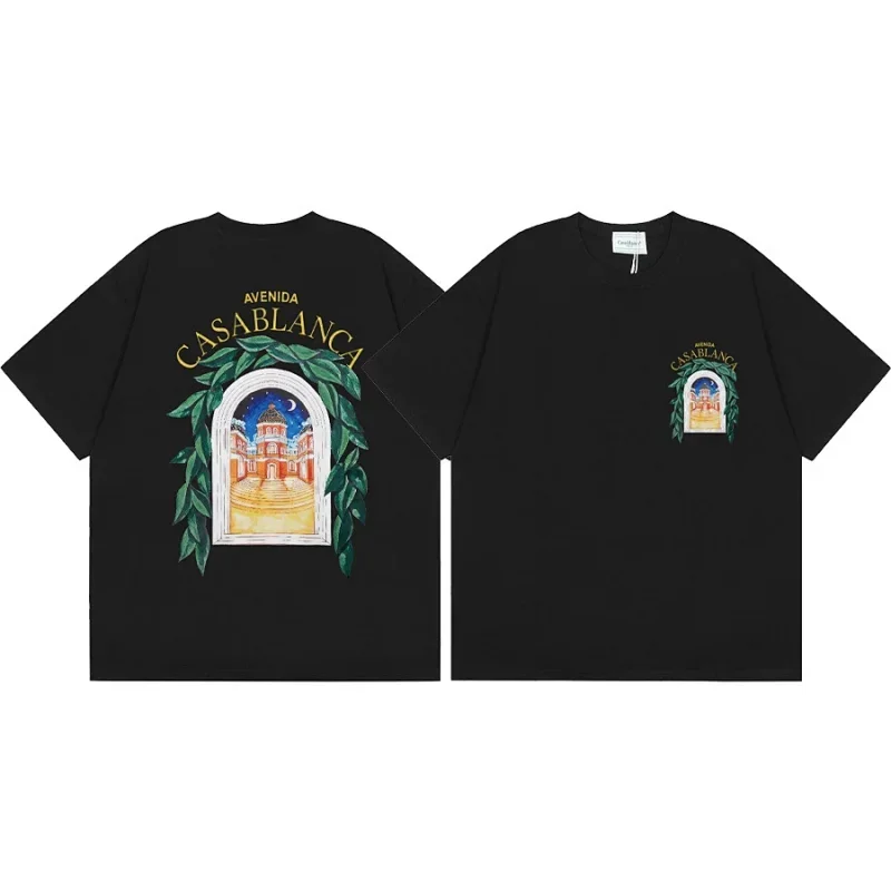 Casablanca Black T-Shirt with Building & Leaf Graphic