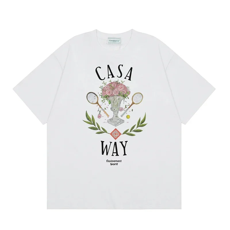 Casablanca White T-Shirt: CASA WAY Roses & Tennis Graphic