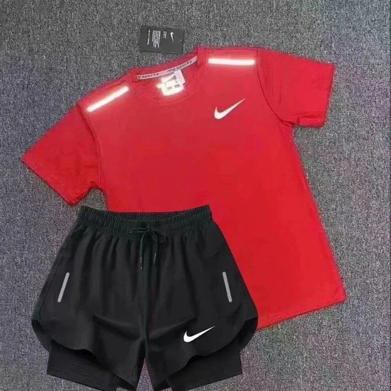 Nike Red T-Shirt Black Shorts Reflective Strips Set