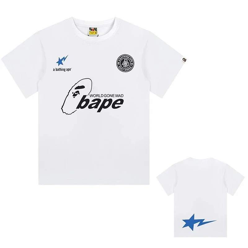 Bape White Ape Head "WORLD GONE MAD" Blue Lightning Star T-Shirt