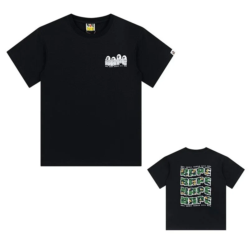 BAPE Black T-Shirt with White Ape Head and Green Camo Print