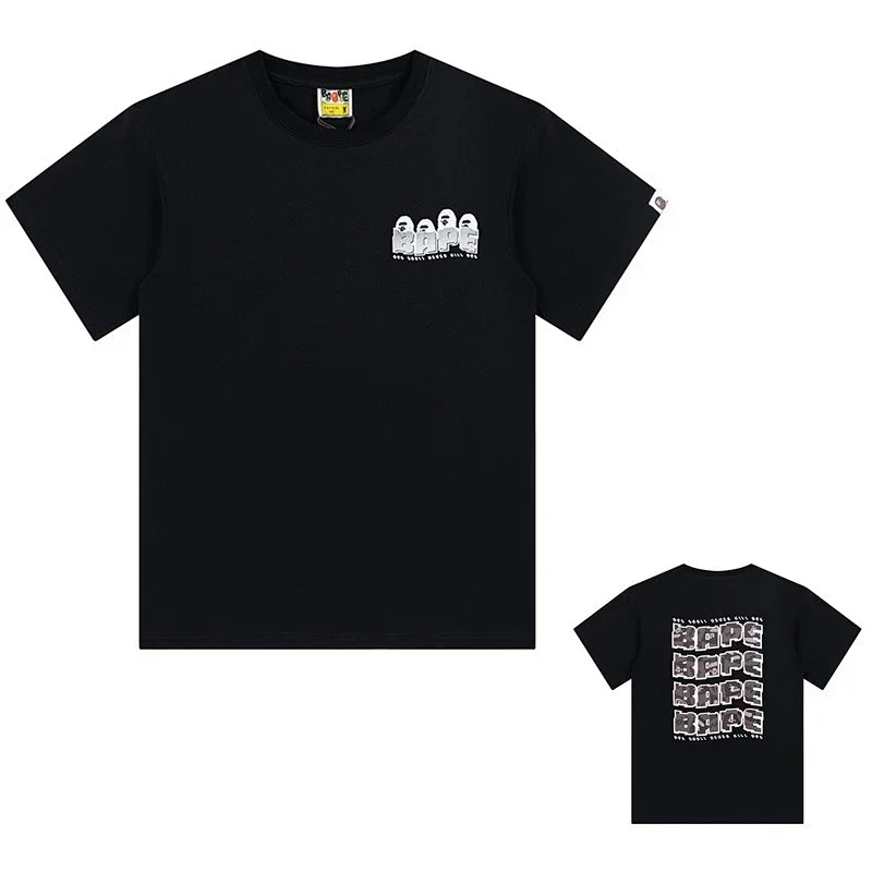 BAPE Black Front Cartoon BAPE Logo Back Repeated BAPE Pattern T-Shirt