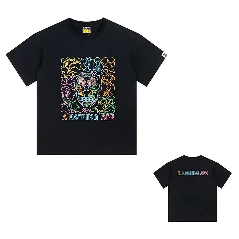 A BATHING APE Black Front Colorful Skull Pattern Back Brand Text T-Shirt